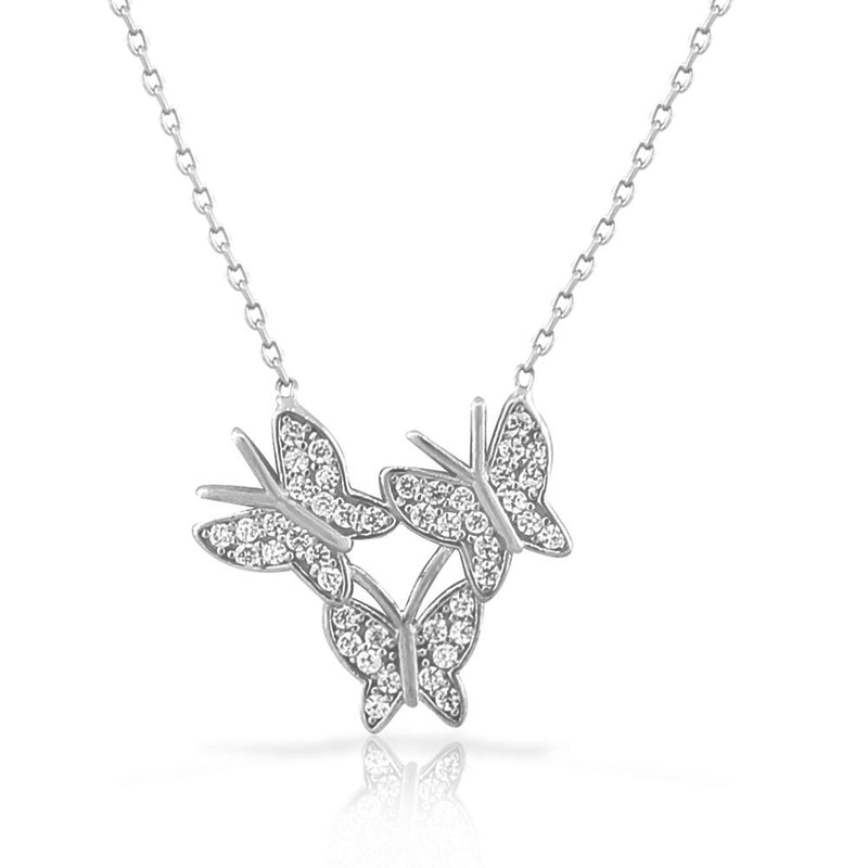 925 Sterling Silver White CZ Three Triple Butterflies Pendant Necklace with Chain