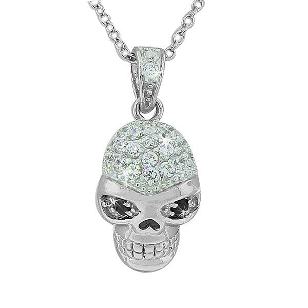 Sterling Silver Skull Charm White Black CZ Pendant Necklace