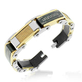 Stainless Steel Black Yellow Gold-Tone Greek Key Rope Link Mens Bracelet