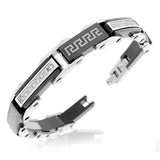 Stainless Steel Black Silver-Tone White CZ Greek Key Link Mens Adjustable Bracelet