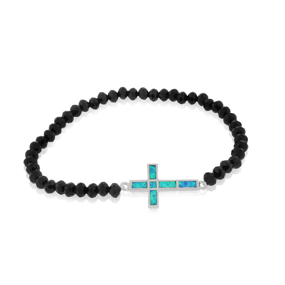 925 Sterling Silver Simulated Onyx Turquoise-Tone Opal Latin Cross Stretch Bracelet