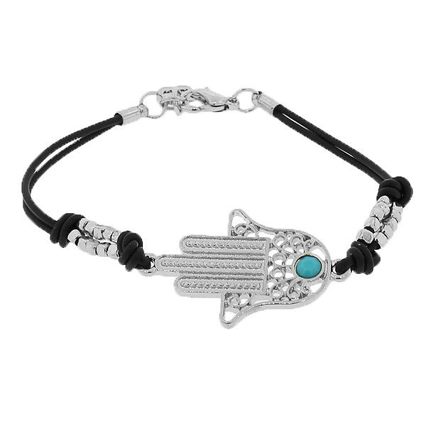 Fashion Alloy Black Rubber Silicone Silver-Tone Evil Eye Hamsa Bracelet