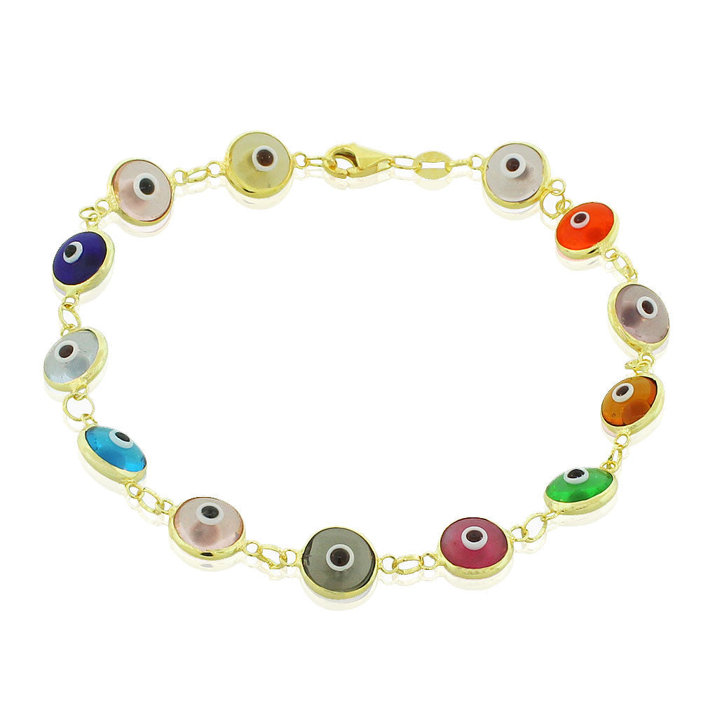 925 Sterling Silver Yellow Gold-Tone Multicolor Evil Eye Link Bracelet