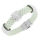 Stainless Steel Silver-Tone White Leather CZ Bracelet