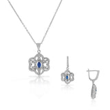 925 Sterling Silver Blue Sapphire-Tone CZ Chandelier Dangle Earrings Pendant Necklace Set 