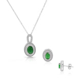 925 Sterling Silver Green Emerald-Tone CZ Oval Stud Earrings Pendant Necklace Set 