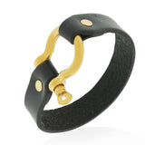 EDFORCE Stainless Steel Yellow Gold-Tone Black Leather Buckle Wristband Bracelet with Screw, 8"