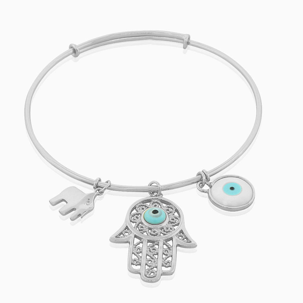 925 Sterling Silver Hamsa Evil Eye Elephant Charm Bangle Bracelet