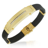EDFORCE Stainless Steel Yellow Gold-Tone Black Rubber CZ Mens Bracelet