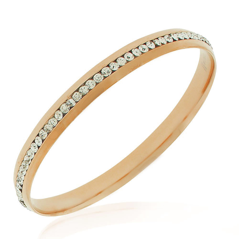 Stainless Steel Rose Gold-Tone White CZ Classic Round Bangle Bracelet, 8"