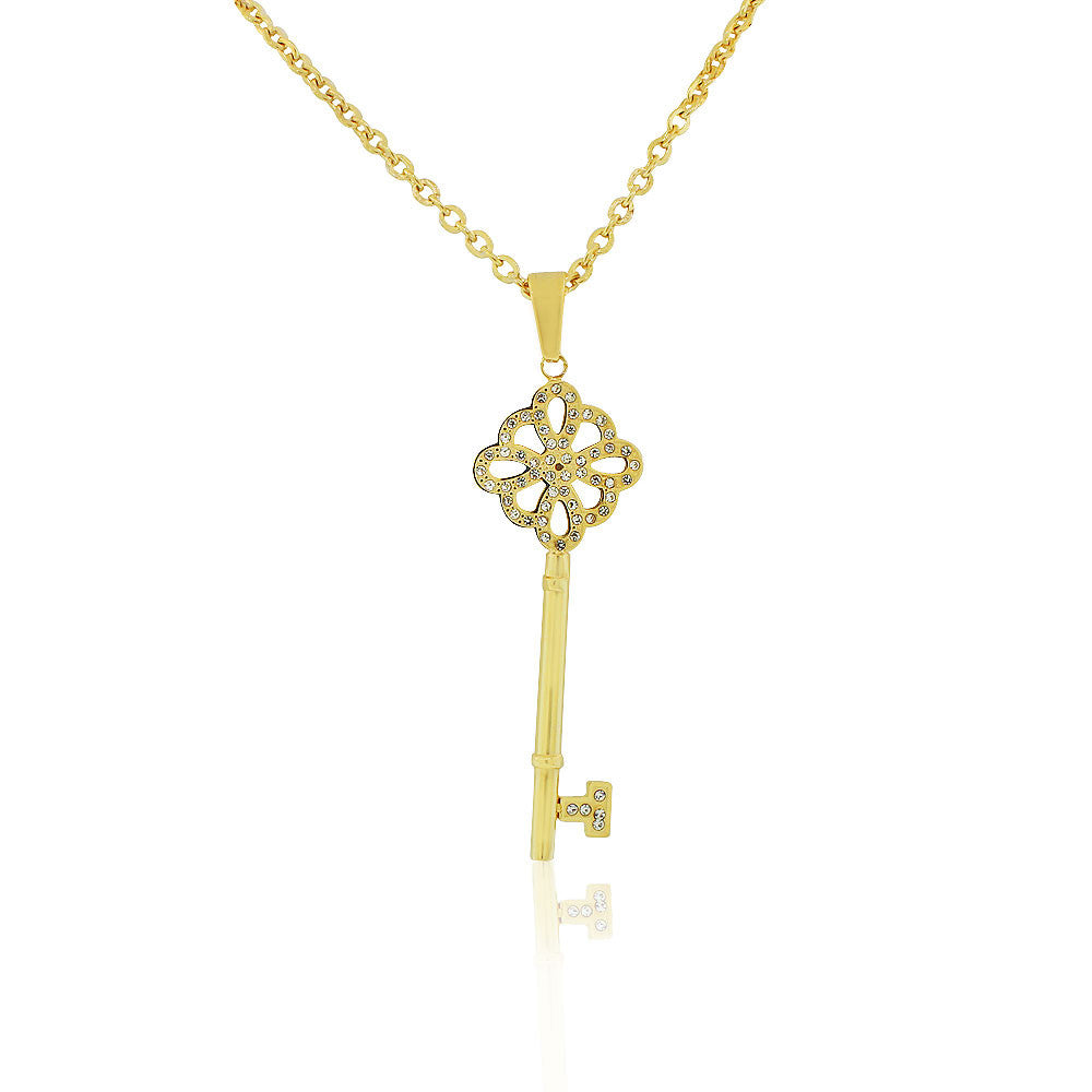 EDFORCE Stainless Steel Yellow Gold-Tone CZ Large Statement Key Pendant Necklace