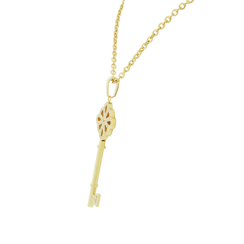 Stainless Steel Yellow Gold-Tone CZ Key Pendant