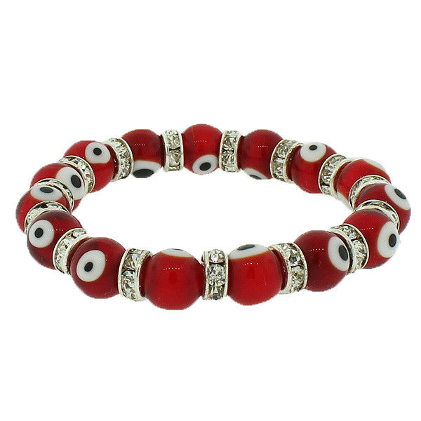 Fashion Alloy Red White CZ Beaded Stretch Cord Evil Eye Bracelet