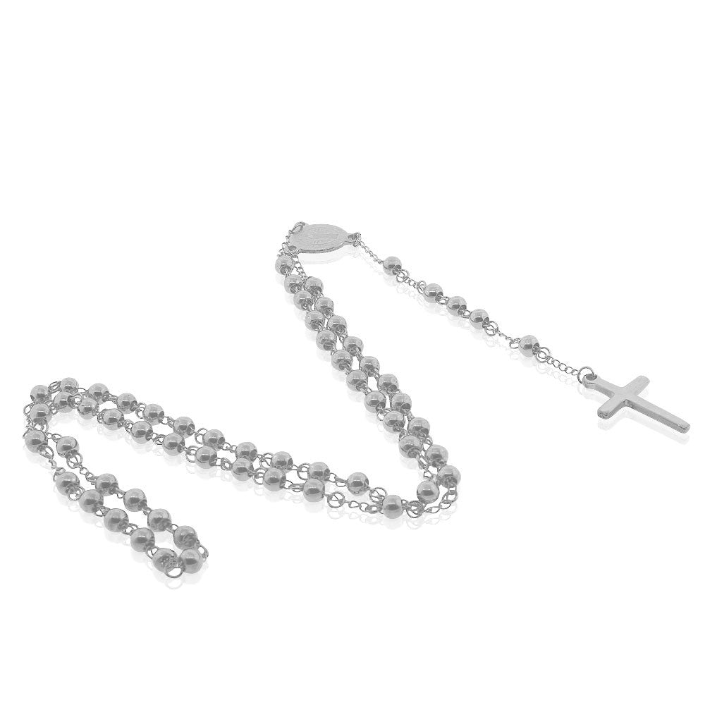EDFORCE Stainless Steel Silver-Tone St. Benedict Religious Cross Rosary Beads Necklace, 32"