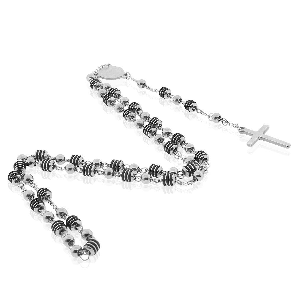 EDFORCE Stainless Steel Rubber Silver-Tone St. Benedict Religious Cross Rosary Beads Necklace, 32"