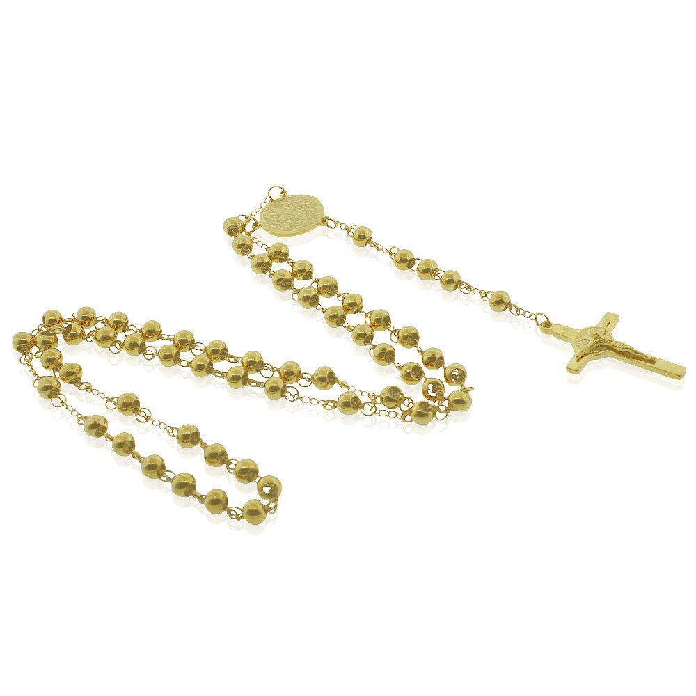 EDFORCE Stainless Steel Yellow Gold-Tone Padre Nuestro Prayer in Spanish Religious Cross Rosary Beads Necklace, 31"