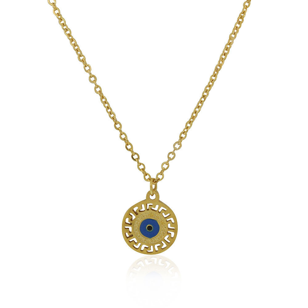 EDFORCE Stainless Steel Yellow Gold-Tone Greek Key Evil Eye Pendant Necklace, 18"