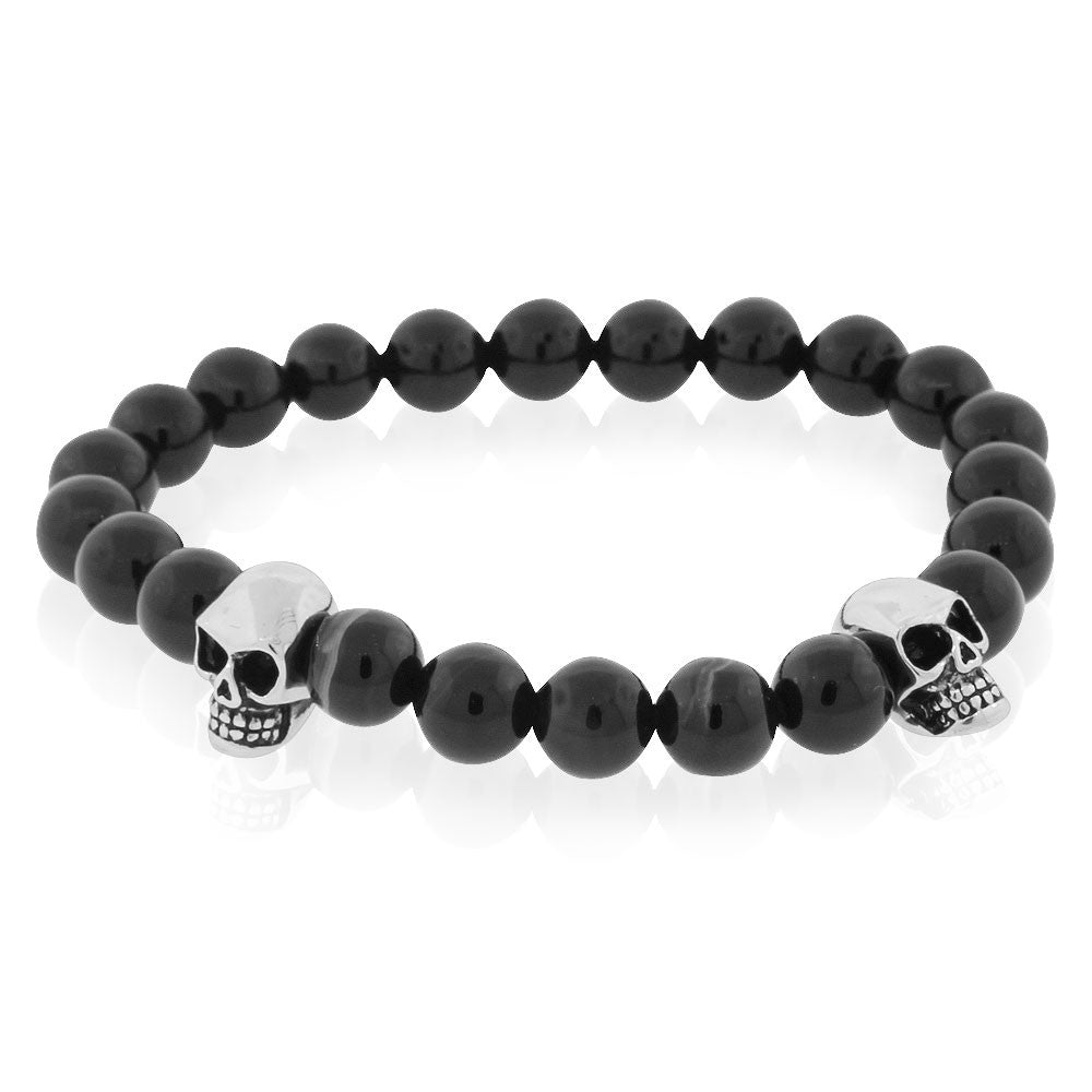 EDFORCE Stainless Steel Black Beads Silver-Tone Skulls Mens Stretch Bracelet, 8"