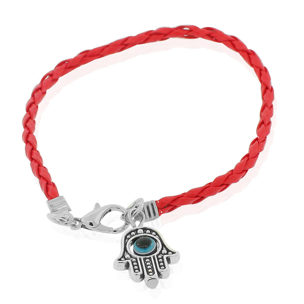Fashion Alloy Red Faux Leather Hamsa Evil Eye Protection Bracelet, 7.5"