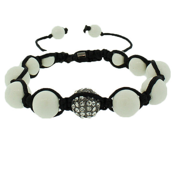 White CZ Ball Beaded Black Cord Adjustable Marcame Bracelet