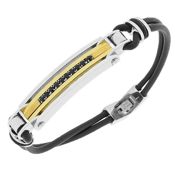 Stainless Steel Black Rubber Silicone Two-Tone Black CZ Men's Bracelet