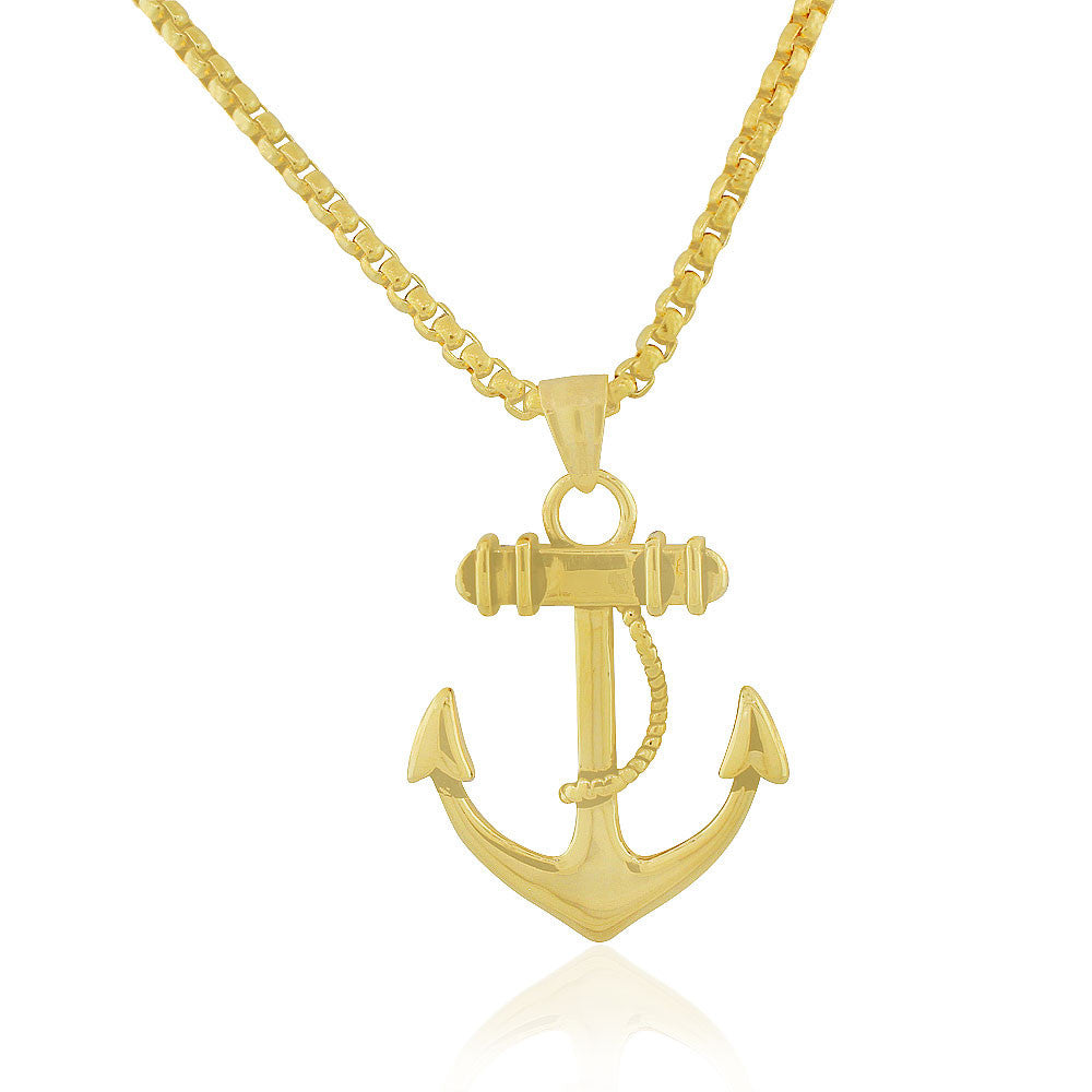 EDFORCE Stainless Steel Yellow Gold-Tone Large Statement Anchor Mens Pendant Necklace, 24"