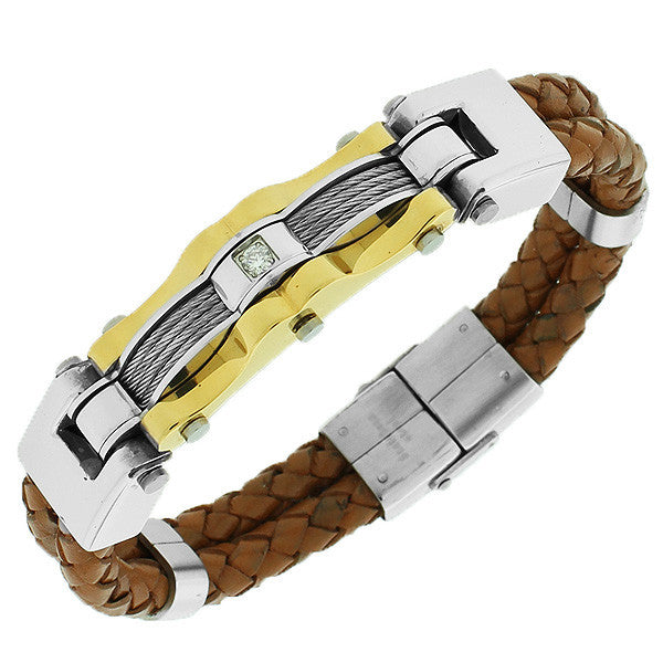 Stainless Steel Light Brown Leather White CZ Two-Tone Wristband Men's Bracelet