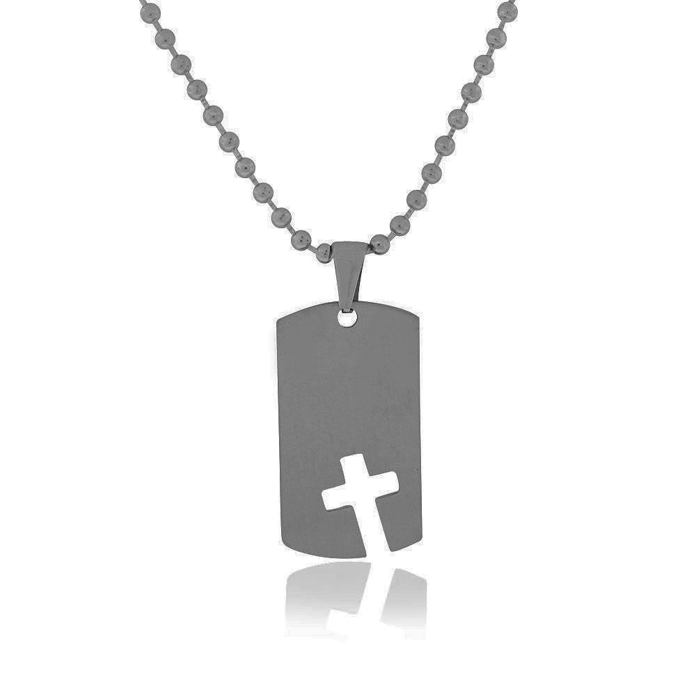 EDFORCE Stainless Steel Black Dog Tag Mens Cut-out Cross Religious Pendant Necklace, 24"