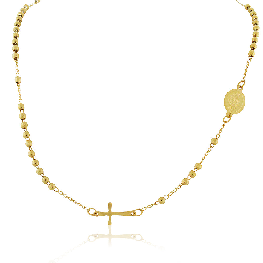 EDFORCE Stainless Steel Yellow Gold-Tone Religious Cross Christian Virgin Mary Bead Necklace, 19"