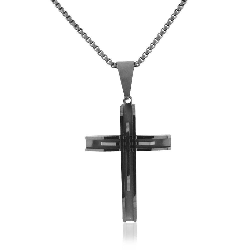 EDFORCE Stainless Steel Black Large Statement Religious Cross Mens Necklace Pendant, 24"