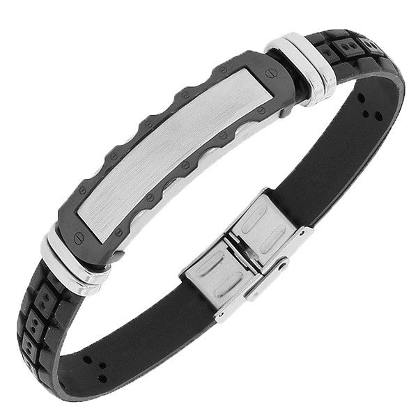 Stainless Steel Black Rubber Silicone Silver-Tone Men's Bracelet