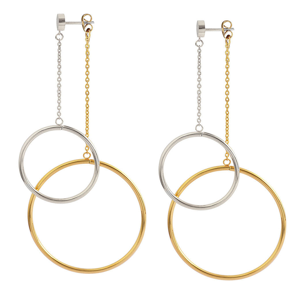 EDFORCE Stainless Steel Two-Tone Hoops Circles Double Dangling Drop Statement Earrings, 4"