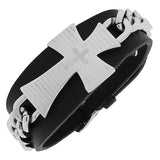 Stainless Steel Silver-Tone Black Leather Religious Cross Lord's Prayer Bracelet