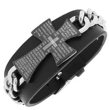 Stainless Steel Silver-Tone Black Leather Religious Cross Lord's Prayer Bracelet