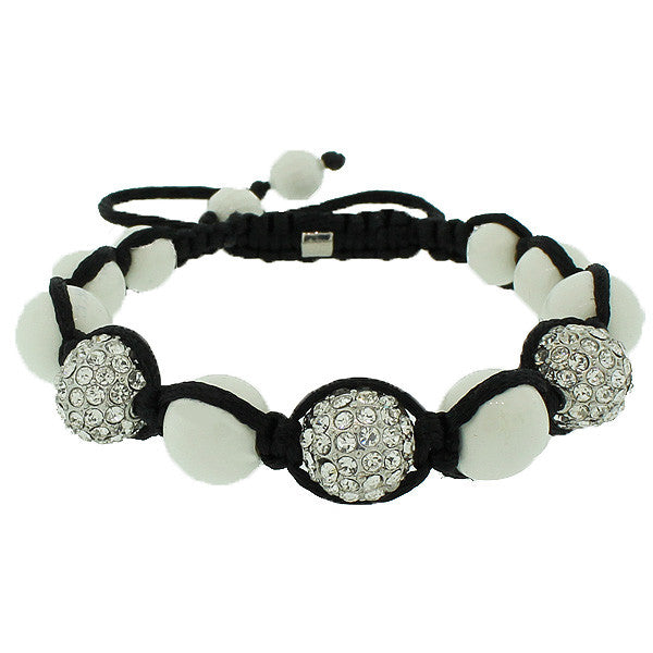 White CZ Ball Black Cord Beaded Adjustable Macrame Bracelet