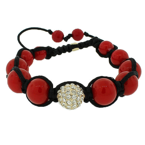 Red White CZ Ball Black Cord Beaded Adjustable Macrame Bracelet