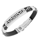 Stainless Steel Black Rubber Silicone Silver-Tone Chain Greek Key Men's Bracelet