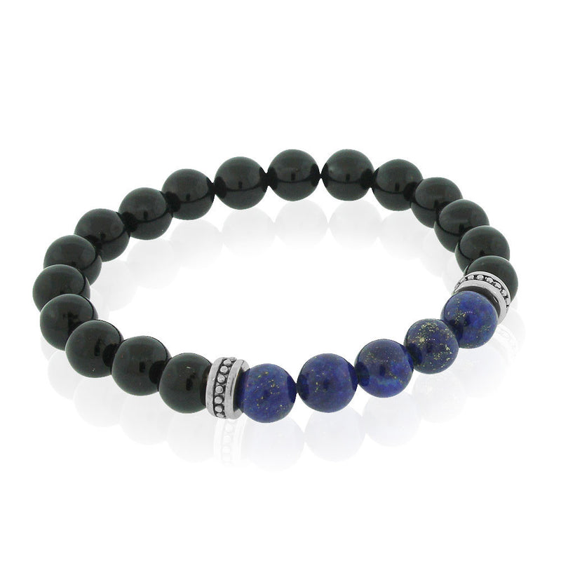 EDFORCE Fashion Alloy Black Blue Beaded Stretch Mens Bracelet, 7.5"