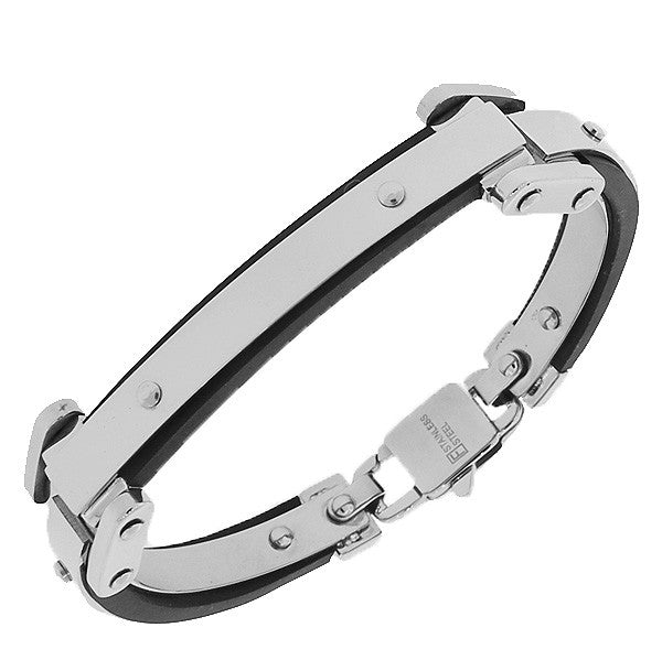 Stainless Steel Silver-Tone Black Rubber Silicone Triple Link Men's Bracelet