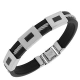 Stainless Steel Black Rubber Silicone Silver-Tone Twisted Cable Men's Bracelet