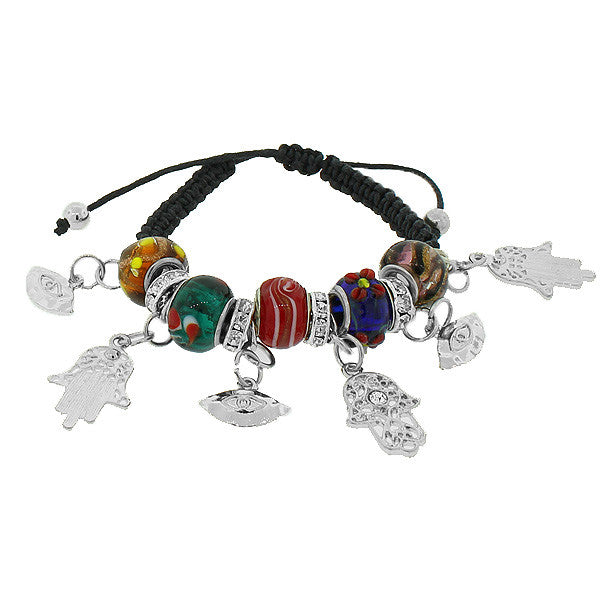 Fashion Alloy Evil Eye Hamsa Macrame Black Cord Multicolor Adjustable Bracelet