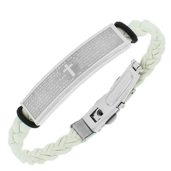 Stainless Steel Silver-Tone White Rubber Silicone Lord's Our Father Spanish Prayer Cross Bracelet