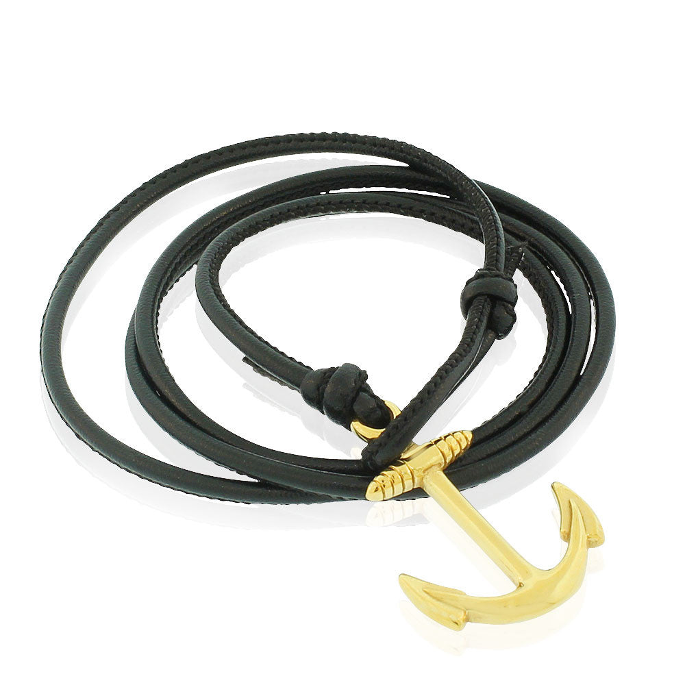 EDFORCE Stainless Steel Yellow Gold-Tone Black Leather Anchor Wrap Bracelet, 9"