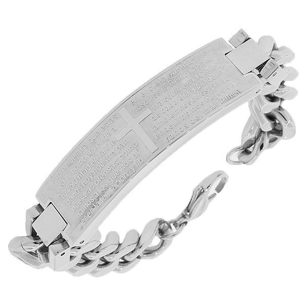 Stainless Steel Silver-Tone Lord's Our Father Prayer in Spanish Cross Men's Chain Bracelet