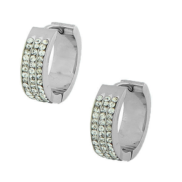 Stainless Steel Silver-Tone White CZ Hoop Huggie Earrings