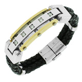 Stainless Steel Black Leather Two-Tone White CZ Men's Bracelet