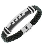 Stainless Steel Black Rubber Silicone Silver-Tone Greek Key Men's Bracelet