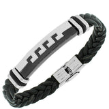 Stainless Steel Black Rubber Silicone Silver-Tone Greek Key Men's Bracelet