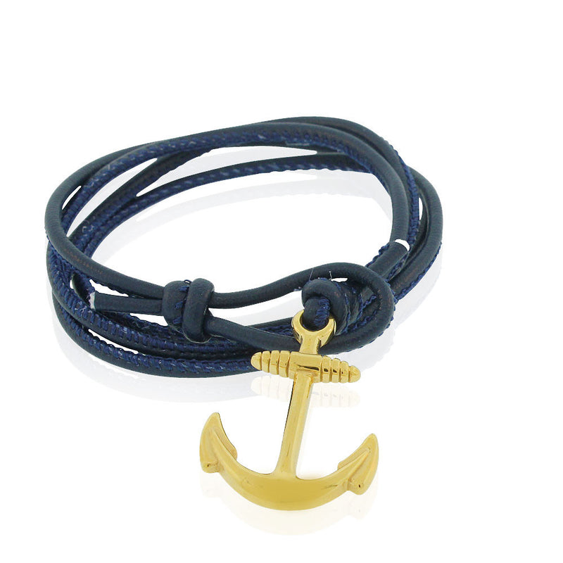EDFORCE Stainless Steel Yellow Gold-Tone Blue Leather Anchor Wrap Bracelet, 9"
