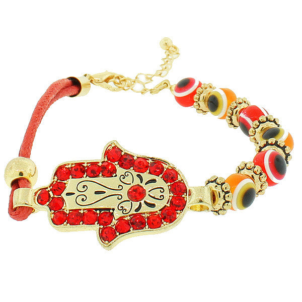 Fashion Alloy Red CZ Yellow Gold-Tone Evil Eye Hamsa Adjustable Beaded Bracelet